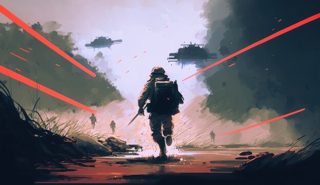 soldiers running away from the enemy's attack, digital art style, illustration painting, Generative AI