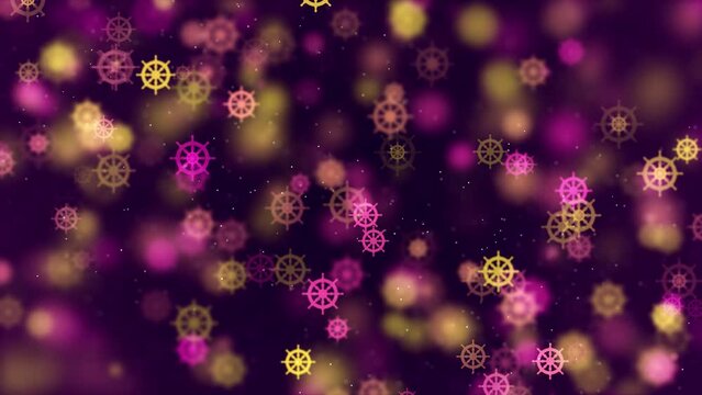Abstract Artistic Red Yellow Blurry Focus Dharmachakra Symbol Particles With Glitter Dust Background, Seamless Loop