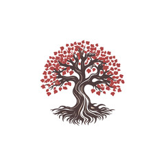 Fototapeta premium Flat vector illustration of a tree with large roots and red foliage