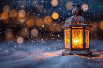Christmas flashlight with a toy in the snow at night in the forest. Christmas eve. AI generated