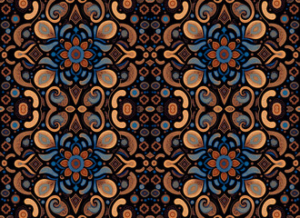 Rapport endless of rosettes flowers with medallions shapes in black background. Ornamental Pattern endless with textures of beautiful flowers in mandalas. Generative AI