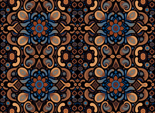 Rapport endless of rosettes flowers with medallions shapes in black background. Ornamental Pattern endless with textures of beautiful flowers in mandalas. Generative AI