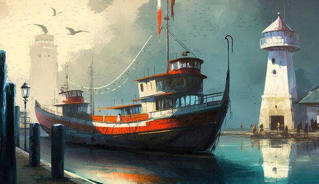fishing boat in harbor, digital painting, Generative AI