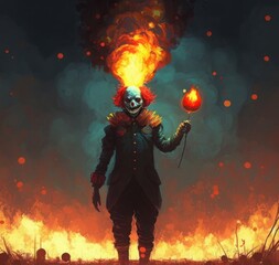 Obraz na płótnie Canvas evil clown standing with a balloon on fire background, illustration painting, Generative AI