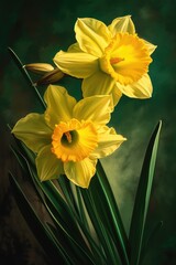 Fototapeta premium yellow daffodils on a green background