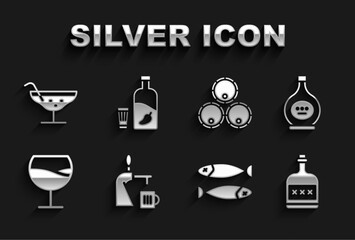 Set Beer tap with glass, Bottle of cognac or brandy, Alcohol drink Rum bottle, Dried fish, Wine, Wooden barrels, Cocktail and Vodka pepper icon. Vector