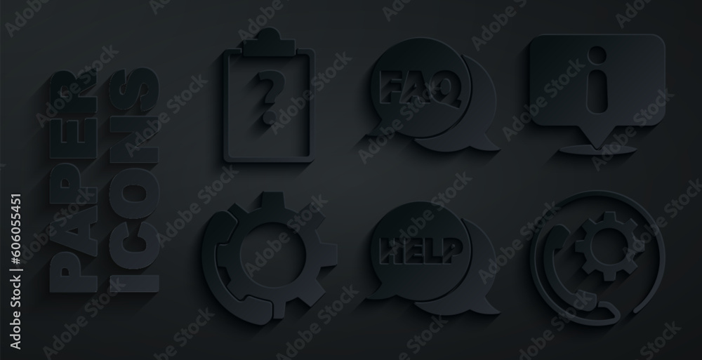 Poster set speech bubble with text help, information, telephone 24 hours support, faq and clipboard questio