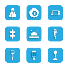 Set Needle bed and needles, Ice cream, Joystick for arcade machine, Microphone, Spatula, Piece of puzzle, Portable video game console and Badminton shuttlecock icon. Vector