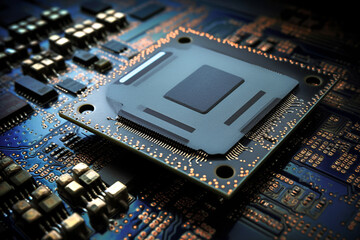 Generative AI illustration of a processing unit with an illuminated capacitor of the main chip control board and other hardware components
