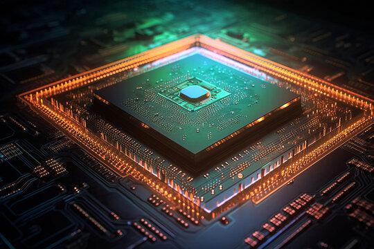 Generative AI illustration of a processor unit with illuminated main chip control board capacitor and other hardware components placed
