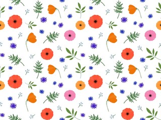 Hand drawn illustrations digital painting of flowers and leaves on white background. Design for seamless pattern. Texture for Fabric, Wrapping, Wallpaper, Print, Textile.