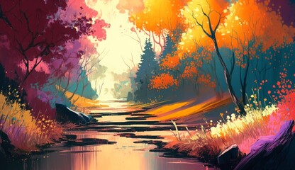 landscape with colorful trees in forest, illustration painting, Generative AI