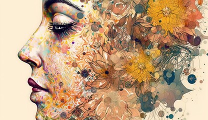 a lot of colorful flowers forming woman face, floral illustration painting, Generative AI