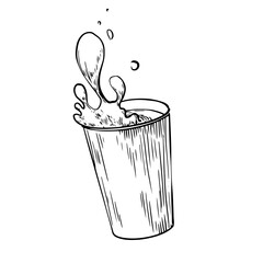 Black and white сup of spilled coffee isolated in white background. Splash drink. Sketch style cup of tea. Beverage drawing with hatching