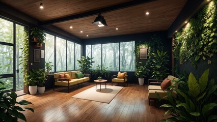 a room with a wood floor and a large window with plants. Ai llustration. digital painting. Generative AI Artificial Intelligence Artwork