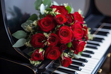 Red roses bridal bouquet on the piano. Wedding bouquet on the piano keyboard. Gothic style