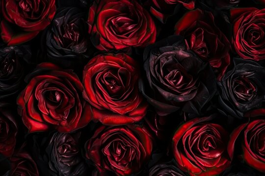 Texture of black red roses. Background of a bouquet of black red roses. Pattern and wallpaper with flowers. Gothic style