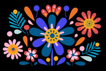 floral illustration with flowers and leaves in an abstract style, in the style of folk art-inspired illustrations, playful yet dark