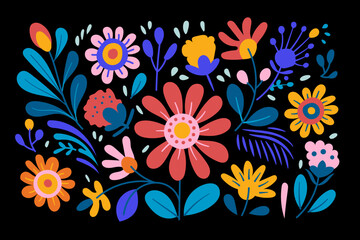 floral illustration with flowers and leaves in an abstract style, in the style of folk art-inspired illustrations, playful yet dark