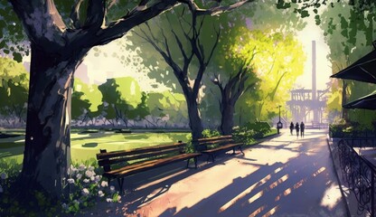 walkway in green park with sunlight, illustration painting, Generative AI