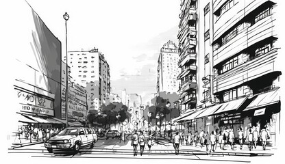hand drawn sketch of city street,cityscape,drawing, Illustration, Generative AI