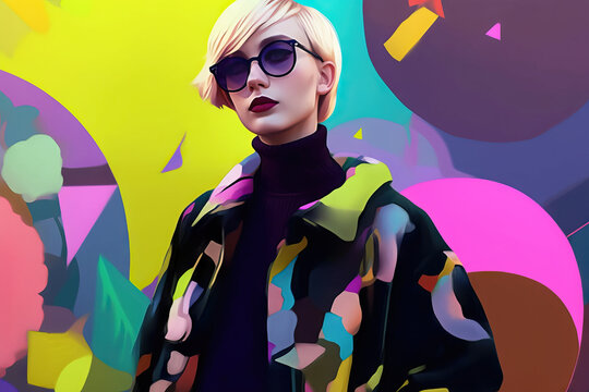 Generative AI illustration of confident stylish woman with short blond hair in trendy outfit and sunglasses while standing against colorful background
