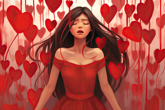 Generative AI illustration of charming woman in red dress with long hair closed eyes among hearts with frustrated face with concept of mental health