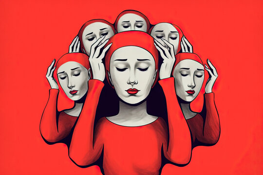 Generative AI illustration of calm women with closed eyes touching head on red background representing concept of mental health problems