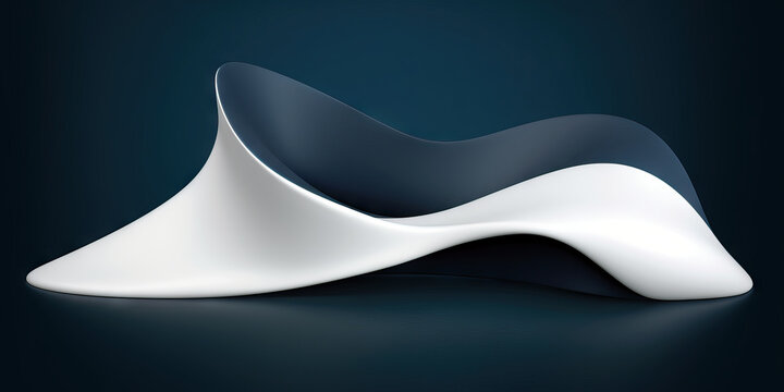 Generative AI illustration of empty curvy white and blue sleek chair like shape placed on dark blue background