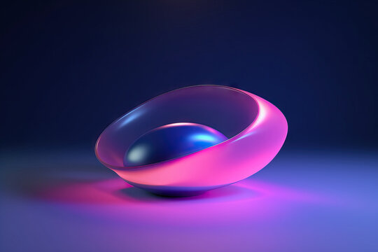 Generative AI illustration of sleek round oval shaped bowl with bright purple neon light on blue background in studio