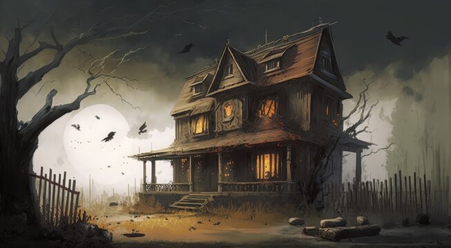 painting of old wooden abandoned house, halloween background, Generative AI 