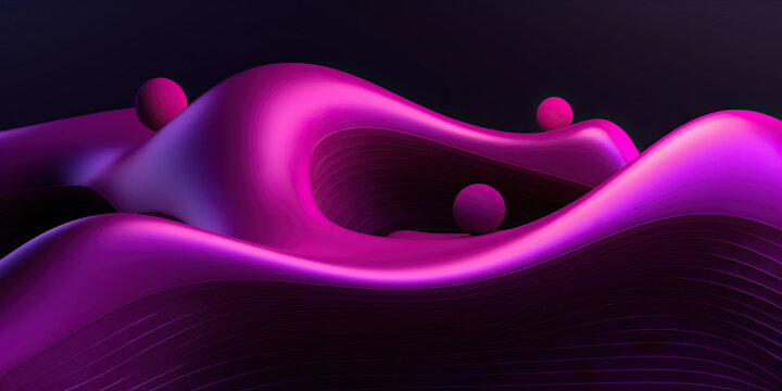 Generative AI illustration of a bright purple curvilinear shape with circles on top of round surfaces on a flat black background
