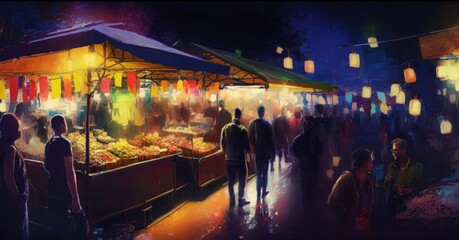 painting showing colorful market at night, movement on people walking, Generative AI