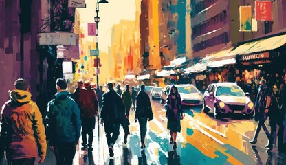 Obraz premium people walking in colorful of city street, illustration painting, Generative AI 