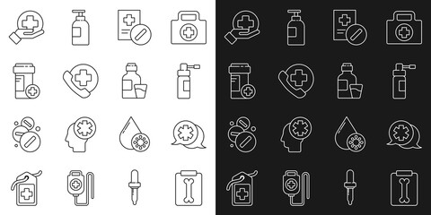 Set line X-ray shots, Dialogue with the doctor, Bottle nozzle spray, Medical prescription, Emergency phone call hospital, Medicine bottle, Cross medical and of medicine syrup icon. Vector