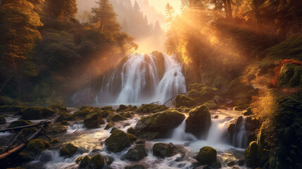 Cascading waterfall illuminated by the setting sun. Generative AI