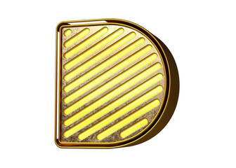 Shining neon font letter D in gold. Nice typeface for designing titles, ad headers and eye-catching texts. High quality 3D rendering.