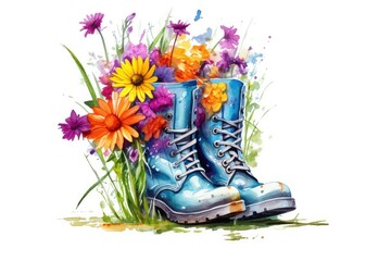 Flowers boots Wildflower watering can, Colorful Watercolor, on white background
