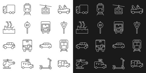Set line Minibus, Train and railway, Road traffic signpost, Cable car, Speed limit, Sailboat, Delivery cargo truck and icon. Vector