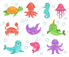 Fotobehang In de zee Set of cute sea animals. Turtle, narwhal, fur seal, jellyfish, squid, octopus, shrimp, sea horse, crab, stingray. Sea life. Vector graphic.