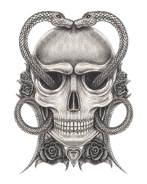 Surreal skull tattoo. Hand drawing on paper.