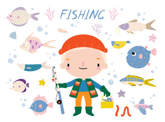 Naklejka premium Vector set on a fishing theme. Fisherman with a fishing rod, a bucket and many types of fish. Collection of vector illustration.