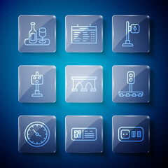 Set line Train station clock, QR code ticket train, Electrical outlet, Road traffic signpost, Bridge for, light, Wine bottle with glass and icon. Vector