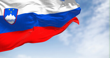 Slovenia national flag waving in the wind on a clear day