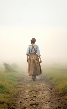 a woman wearing a brown dress, walking away. rear view of a pretty american pioneer woman.