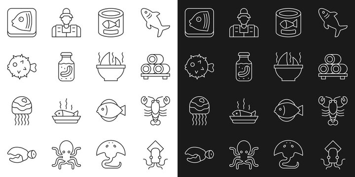 Set line Octopus, Lobster, Sushi on cutting board, Canned fish, Sea cucumber jar, Fish hedgehog, head and Shark fin soup icon. Vector
