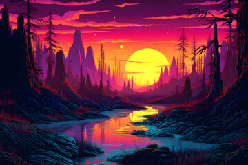 Neon Nature Sunset Landscape Illustration
