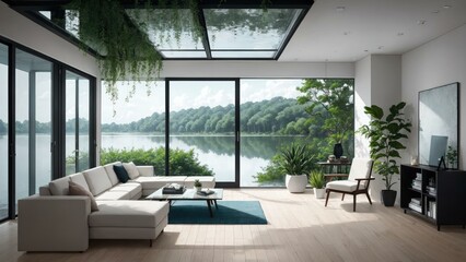 a living room with a large window. Ai llustration. digital painting. Generative AI Artificial Intelligence Artwork