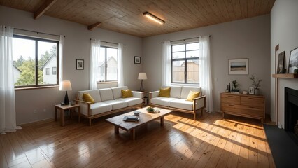Fototapeta na wymiar a living room with a wood floor. Ai llustration. digital painting. Generative AI Artificial Intelligence Artwork