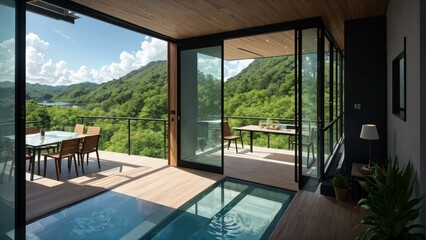 a pool and a deck with a view of a mountain. Ai llustration. digital painting. Generative AI Artificial Intelligence Artwork